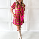 Geo Striped Contrast Shift Dress - Plum