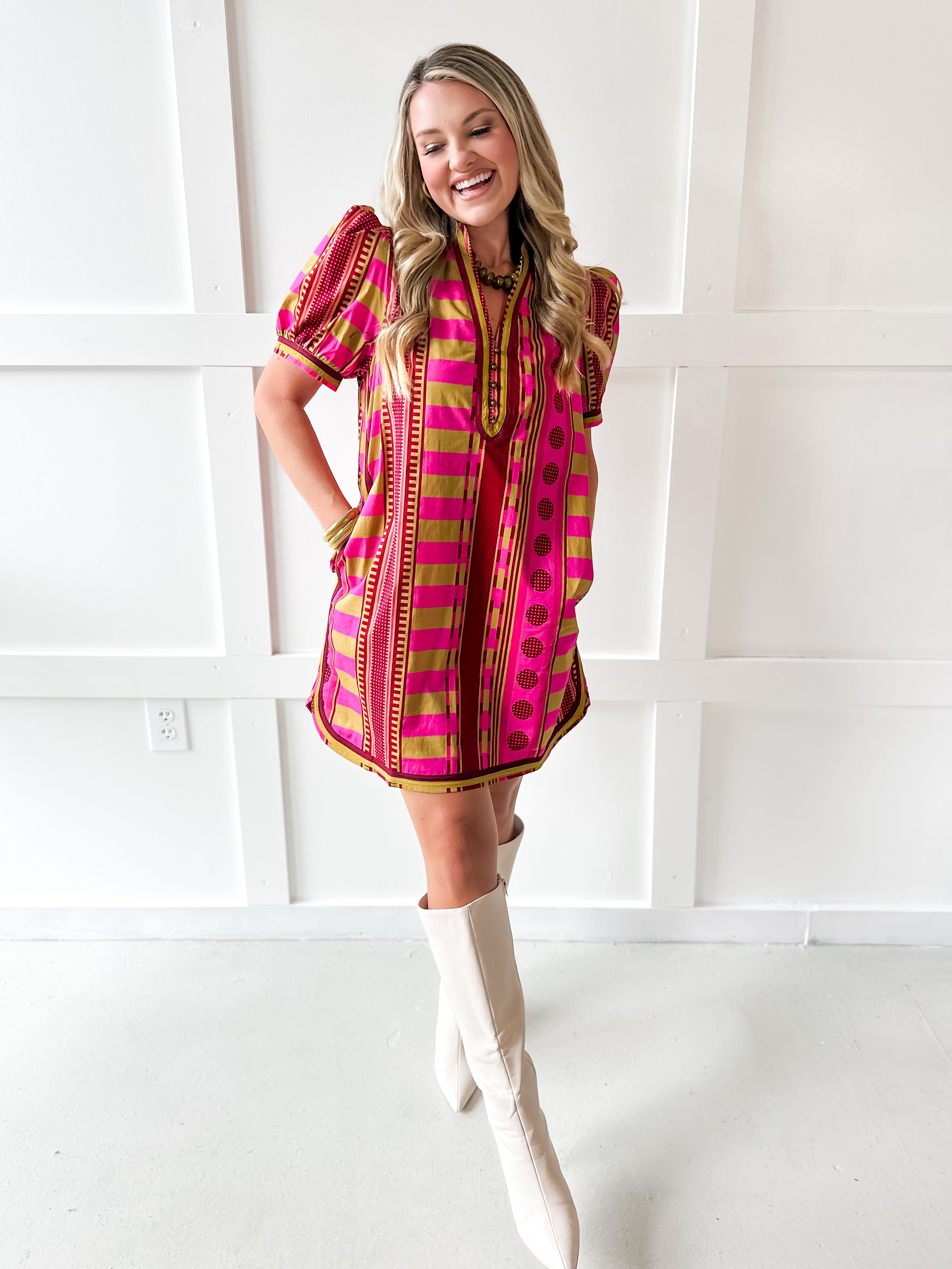 Geo Striped Contrast Shift Dress - Plum
