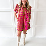 Geo Striped Contrast Shift Dress - Plum