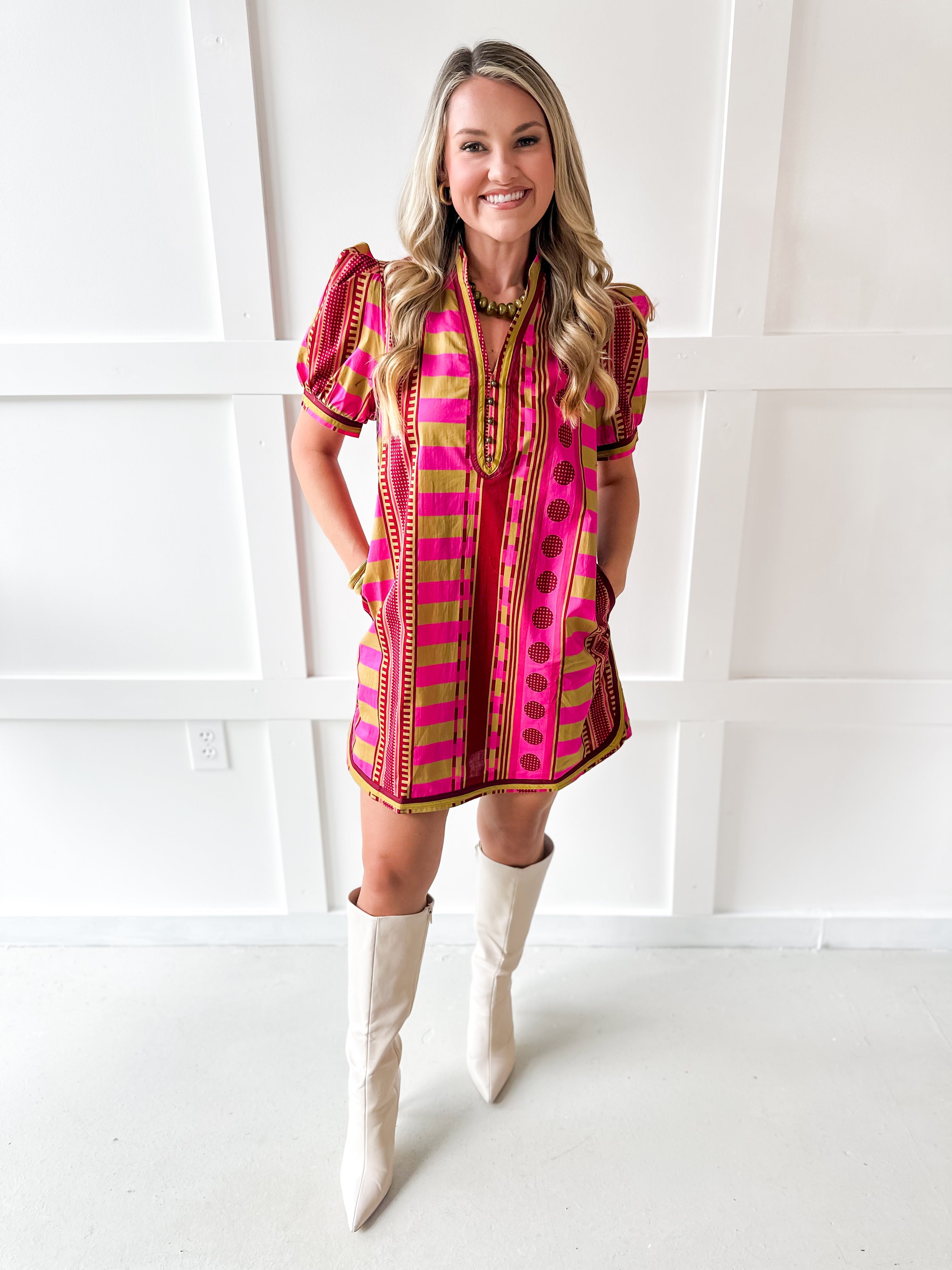 Geo Striped Contrast Shift Dress - Plum