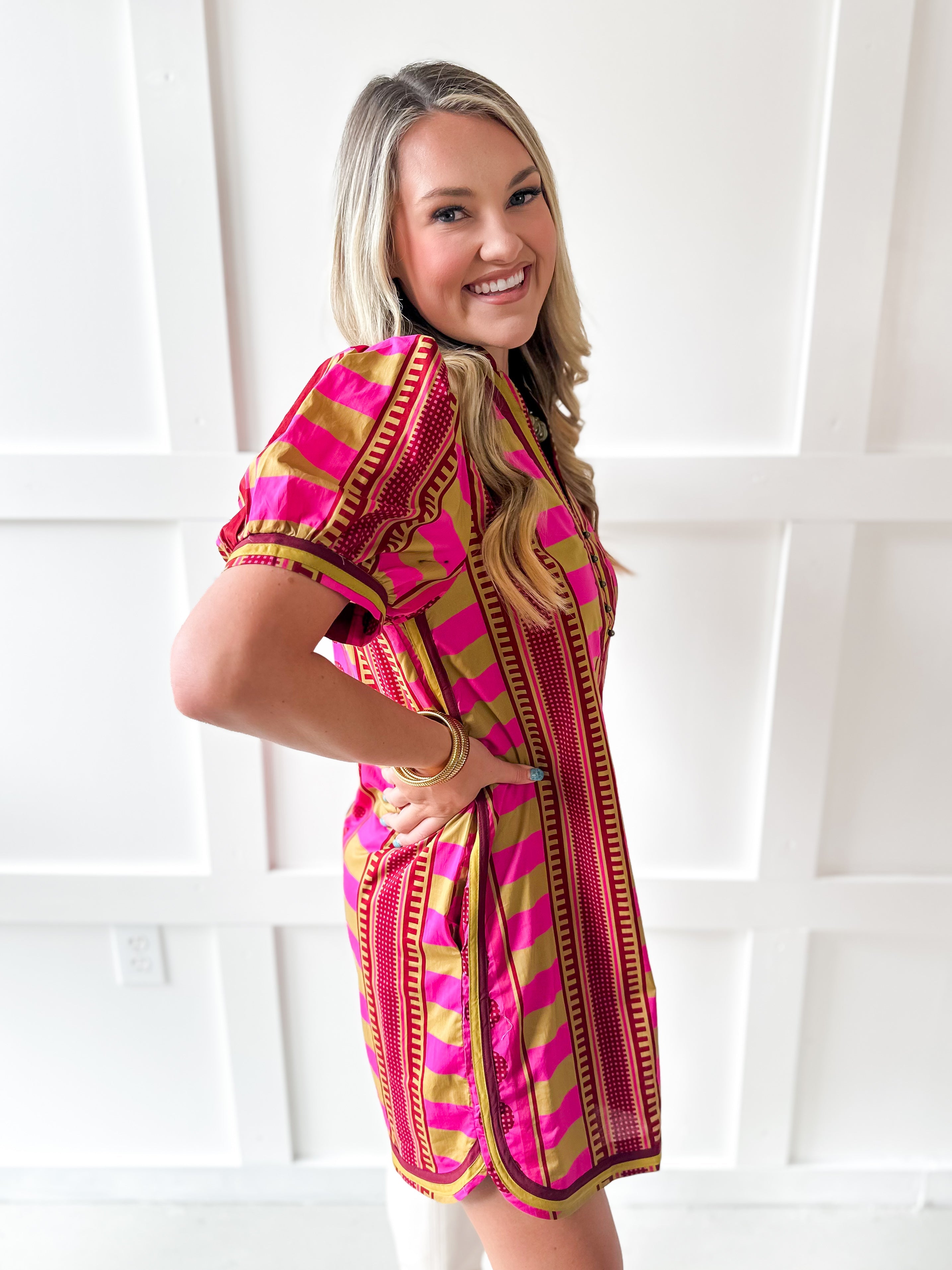 Geo Striped Contrast Shift Dress - Plum