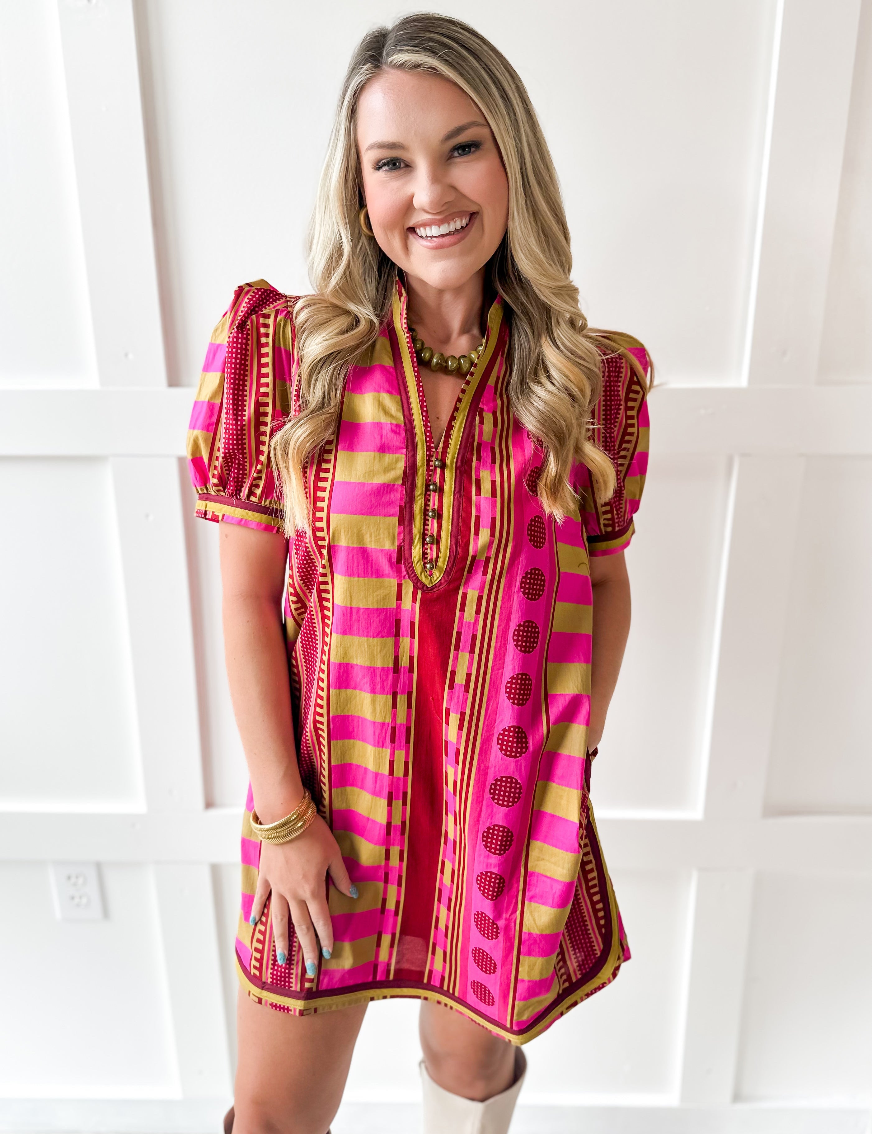 Geo Striped Contrast Shift Dress - Plum