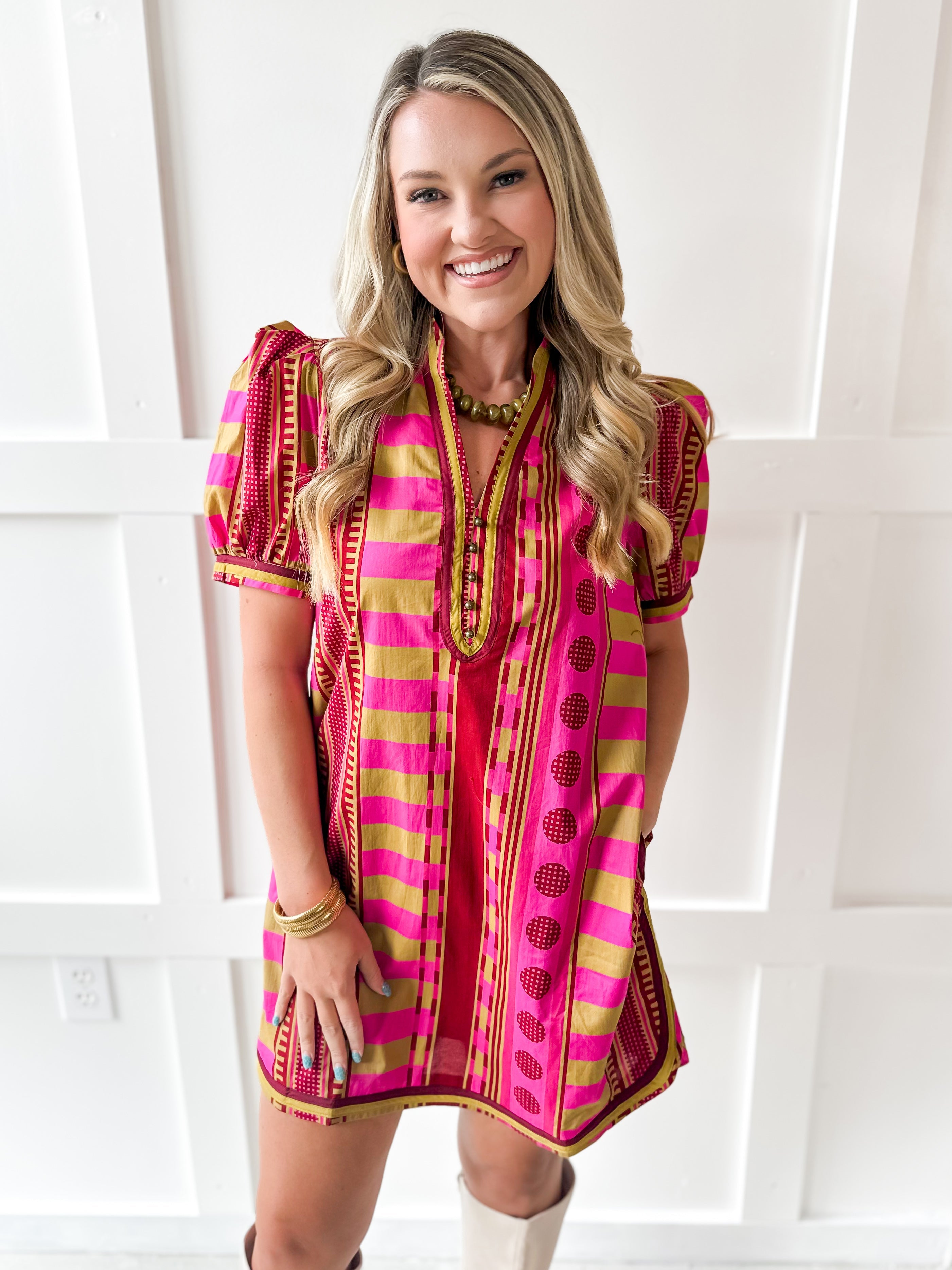 Geo Striped Contrast Shift Dress - Plum