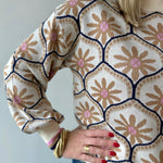 Geometric Floral Motif Mock Neck Sweater