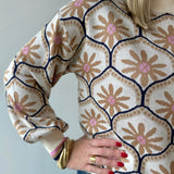 Geometric Floral Motif Mock Neck Sweater
