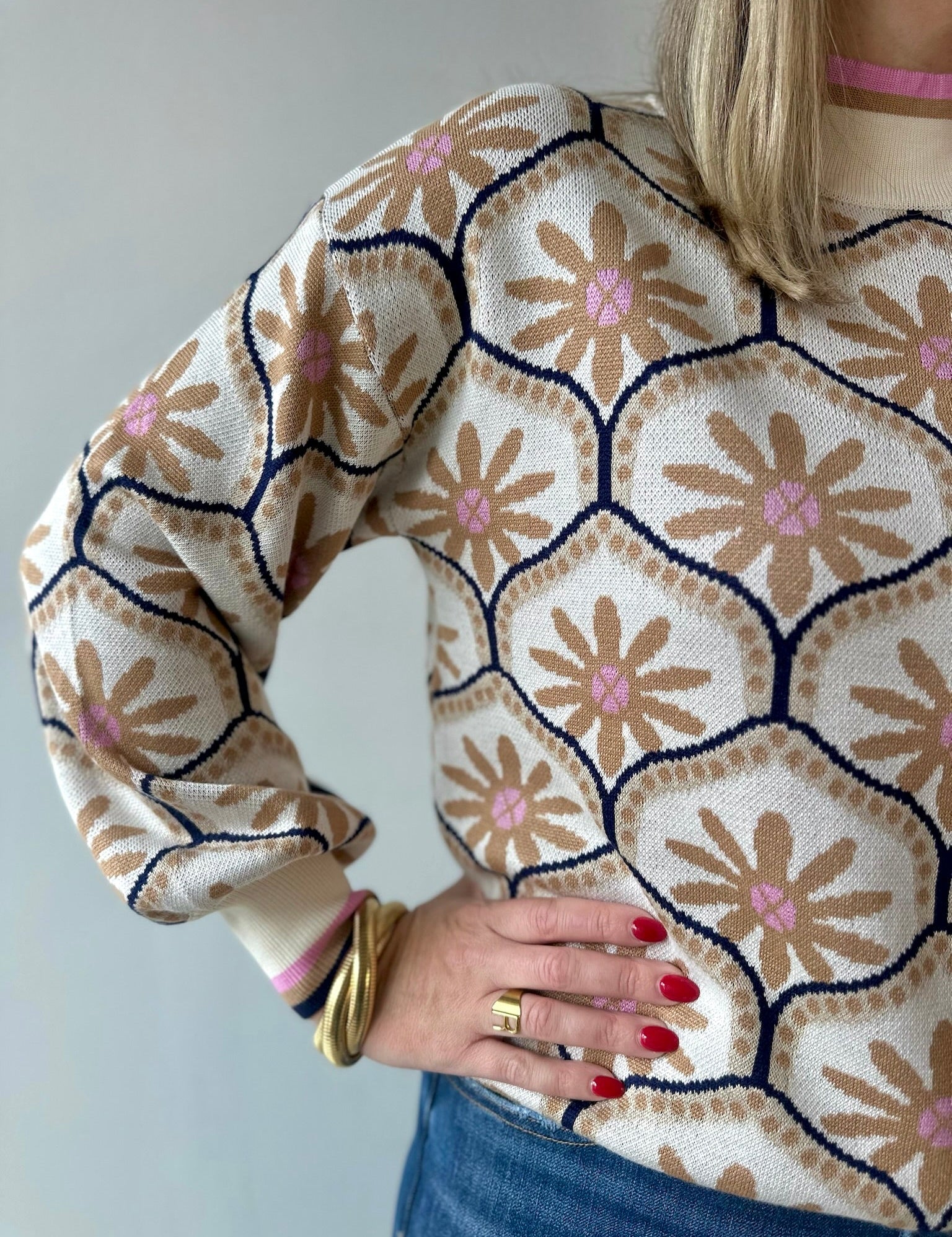 Geometric Floral Motif Mock Neck Sweater