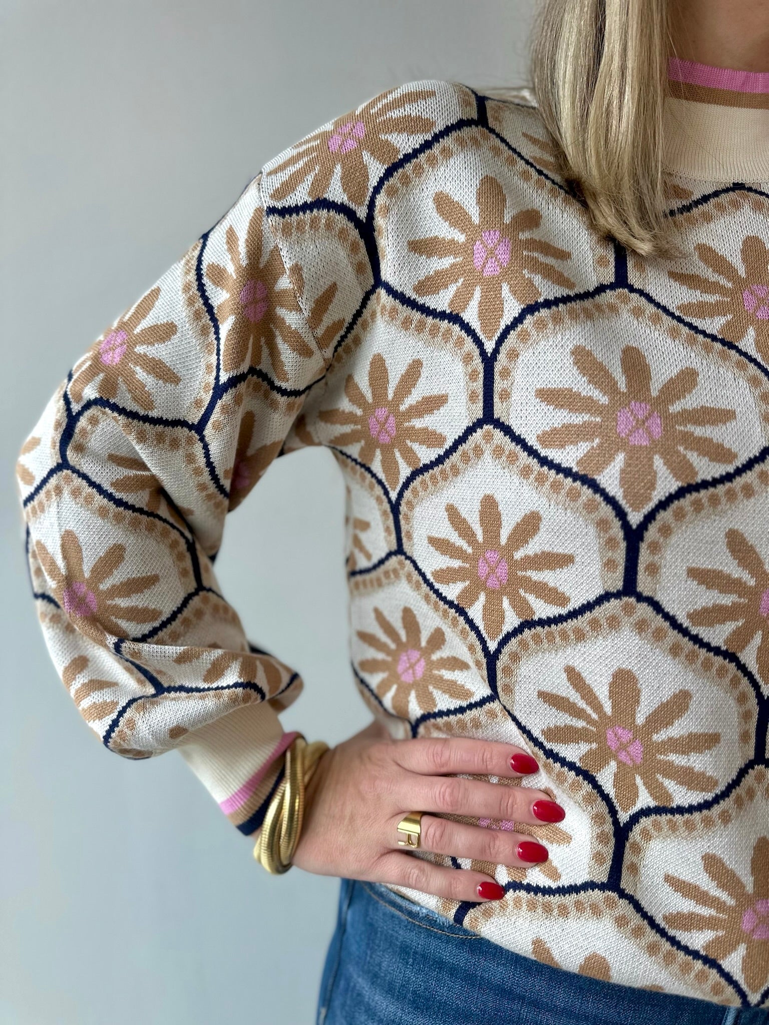 Geometric Floral Motif Mock Neck Sweater