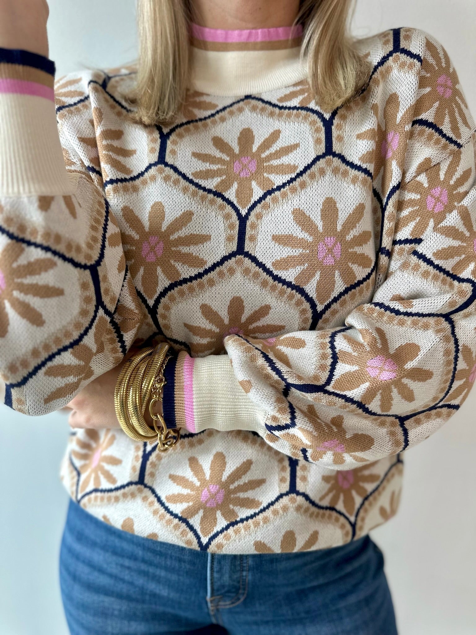 Geometric Floral Motif Mock Neck Sweater
