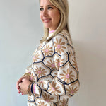 Geometric Floral Motif Mock Neck Sweater