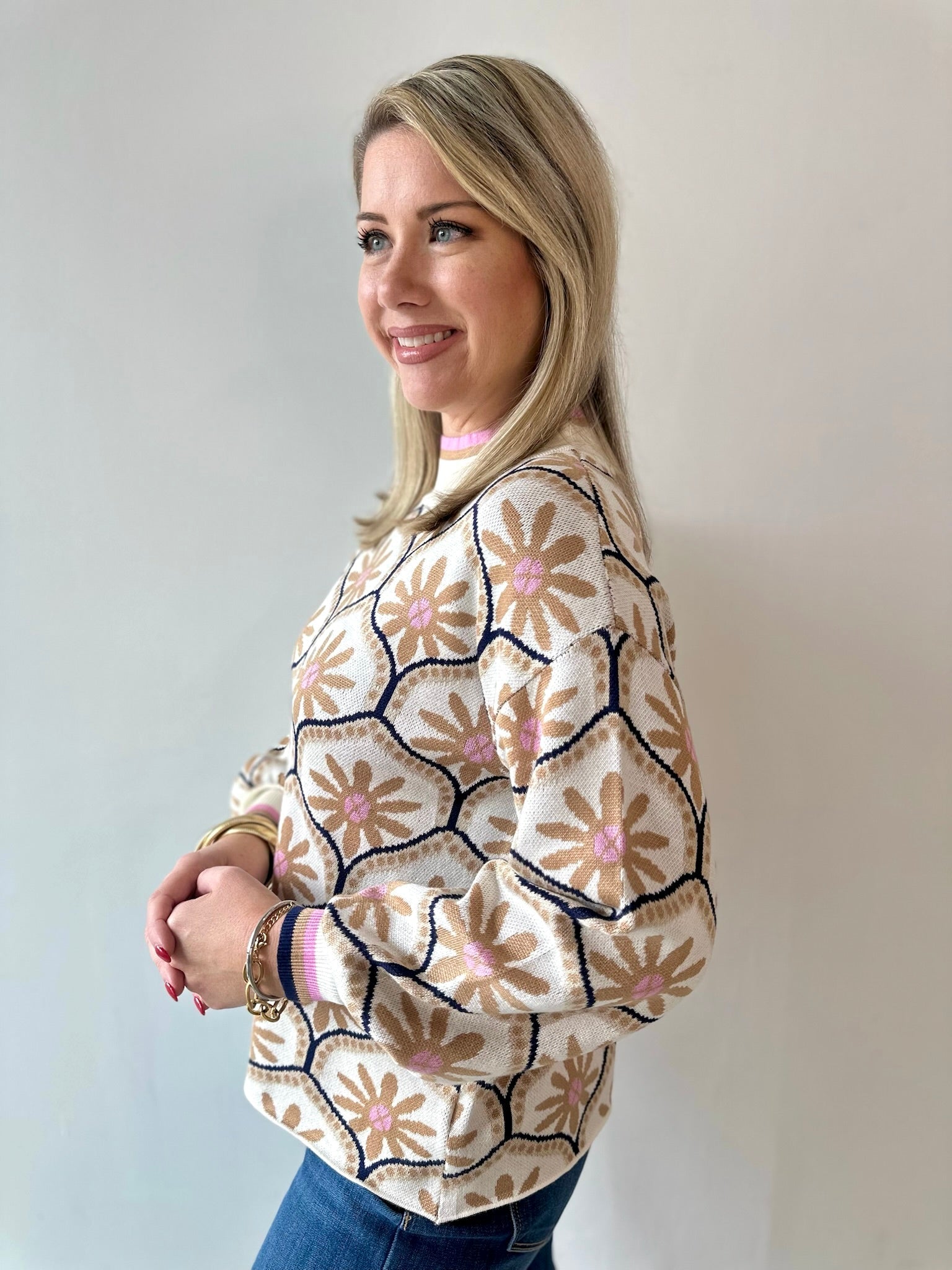 Geometric Floral Motif Mock Neck Sweater