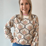 Geometric Floral Motif Mock Neck Sweater