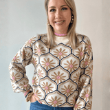 Geometric Floral Motif Mock Neck Sweater