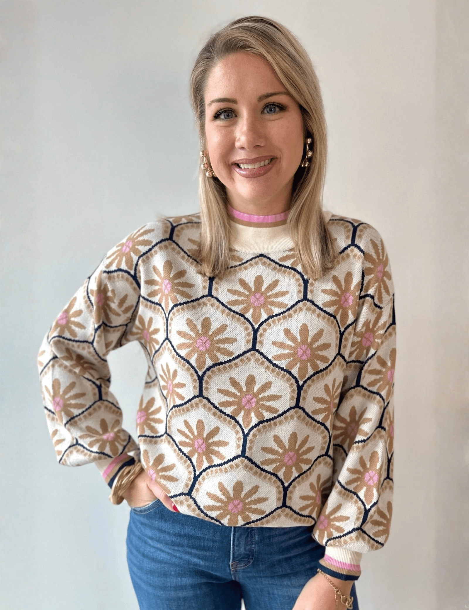 Geometric Floral Motif Mock Neck Sweater