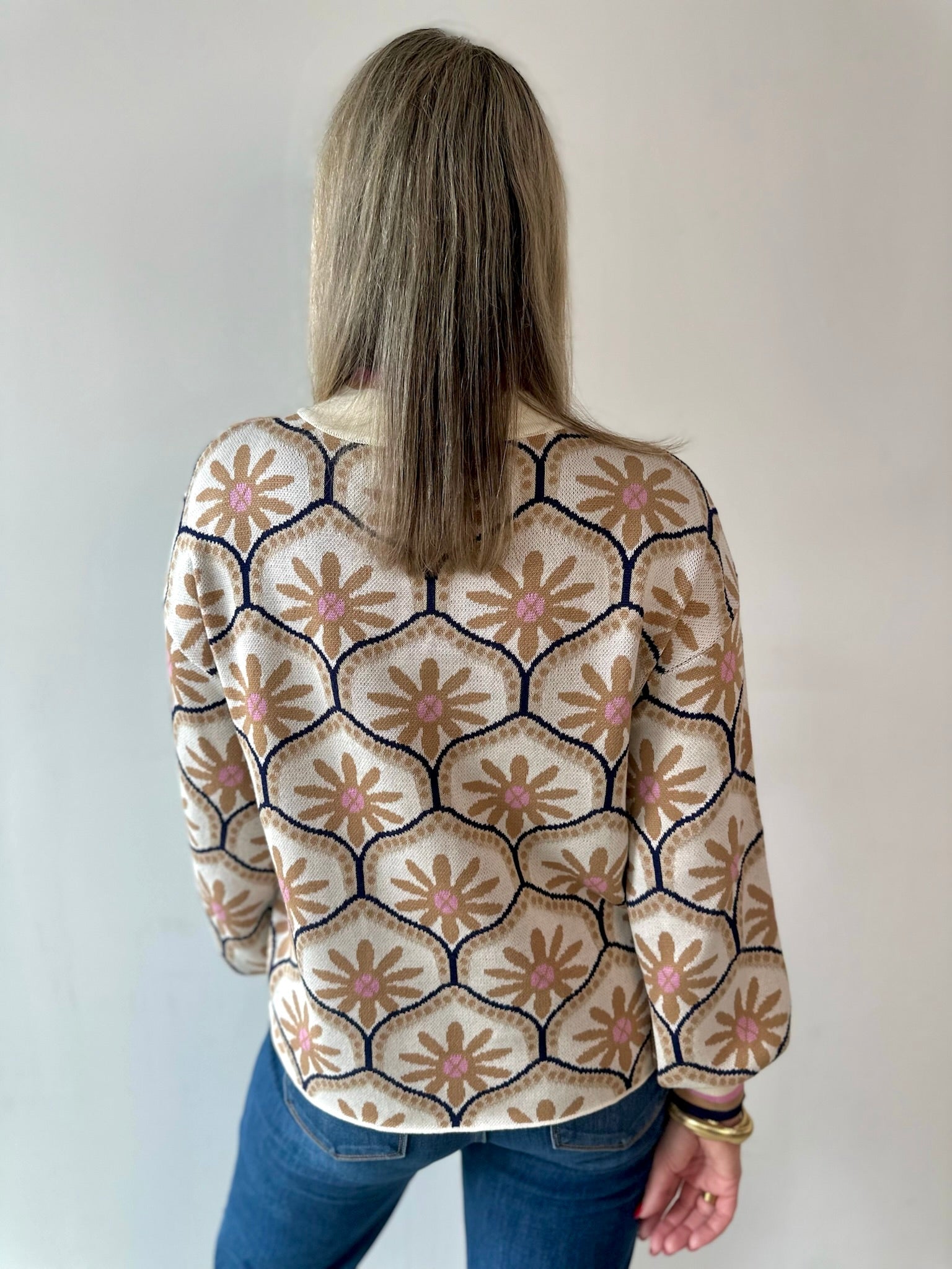 Geometric Floral Motif Mock Neck Sweater
