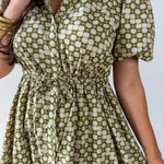 Geometric Print Puff Sleeve Dress - Olive