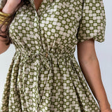Geometric Print Puff Sleeve Dress - Olive