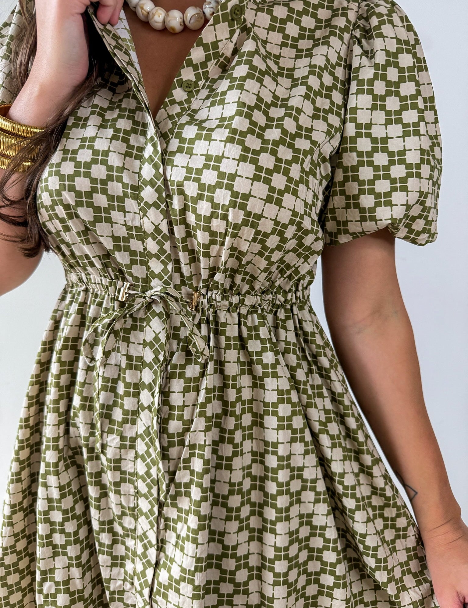 Geometric Print Puff Sleeve Dress - Olive