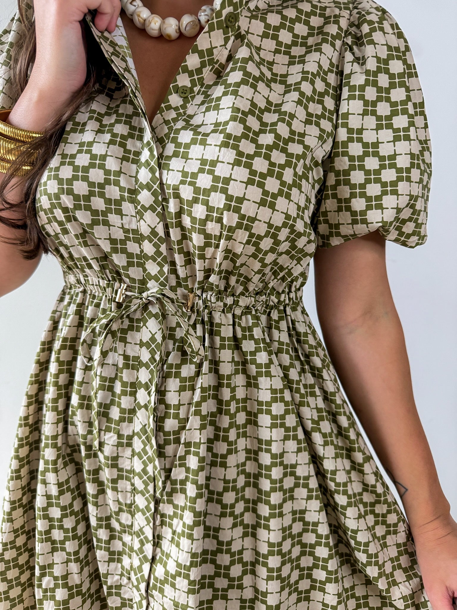 Geometric Print Puff Sleeve Dress - Olive