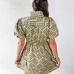 Geometric Print Puff Sleeve Dress - Olive