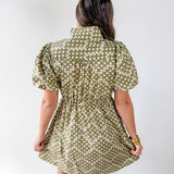 Geometric Print Puff Sleeve Dress - Olive