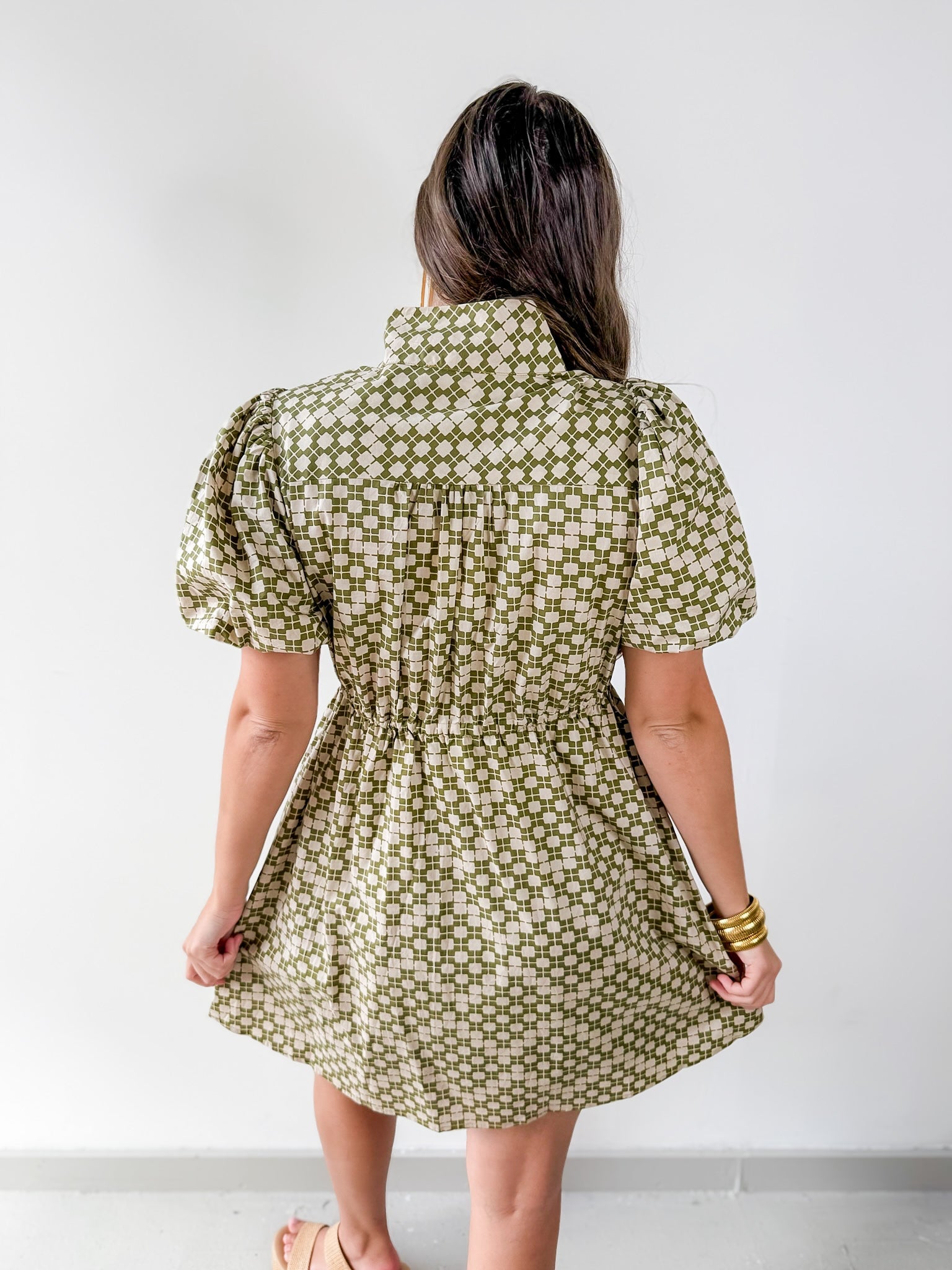 Geometric Print Puff Sleeve Dress - Olive