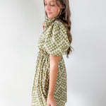 Geometric Print Puff Sleeve Dress - Olive
