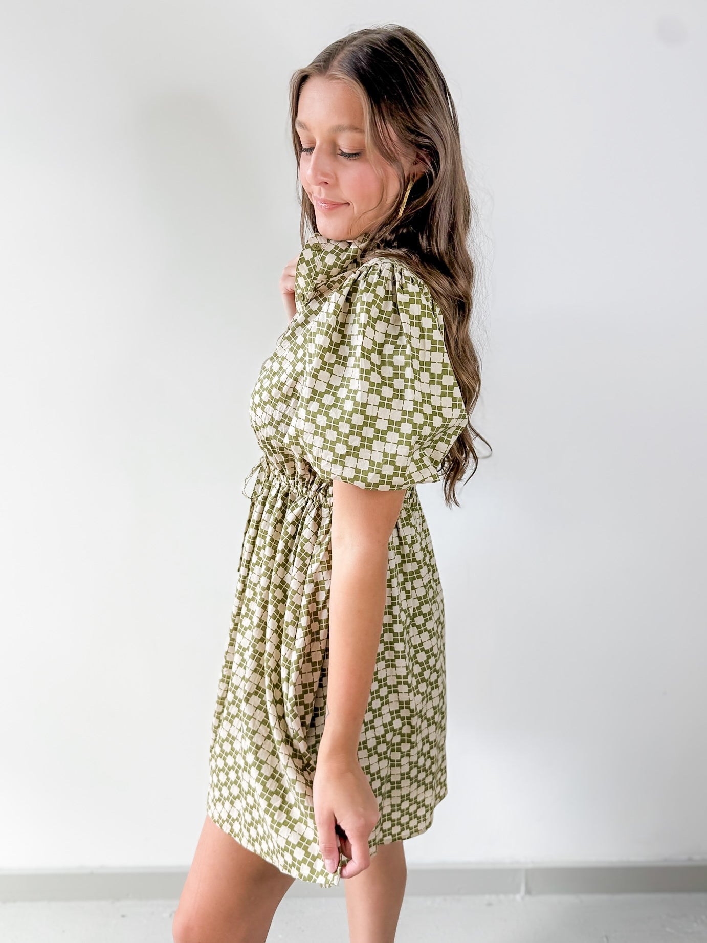 Geometric Print Puff Sleeve Dress - Olive