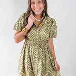 Geometric Print Puff Sleeve Dress - Olive