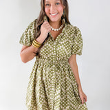Geometric Print Puff Sleeve Dress - Olive