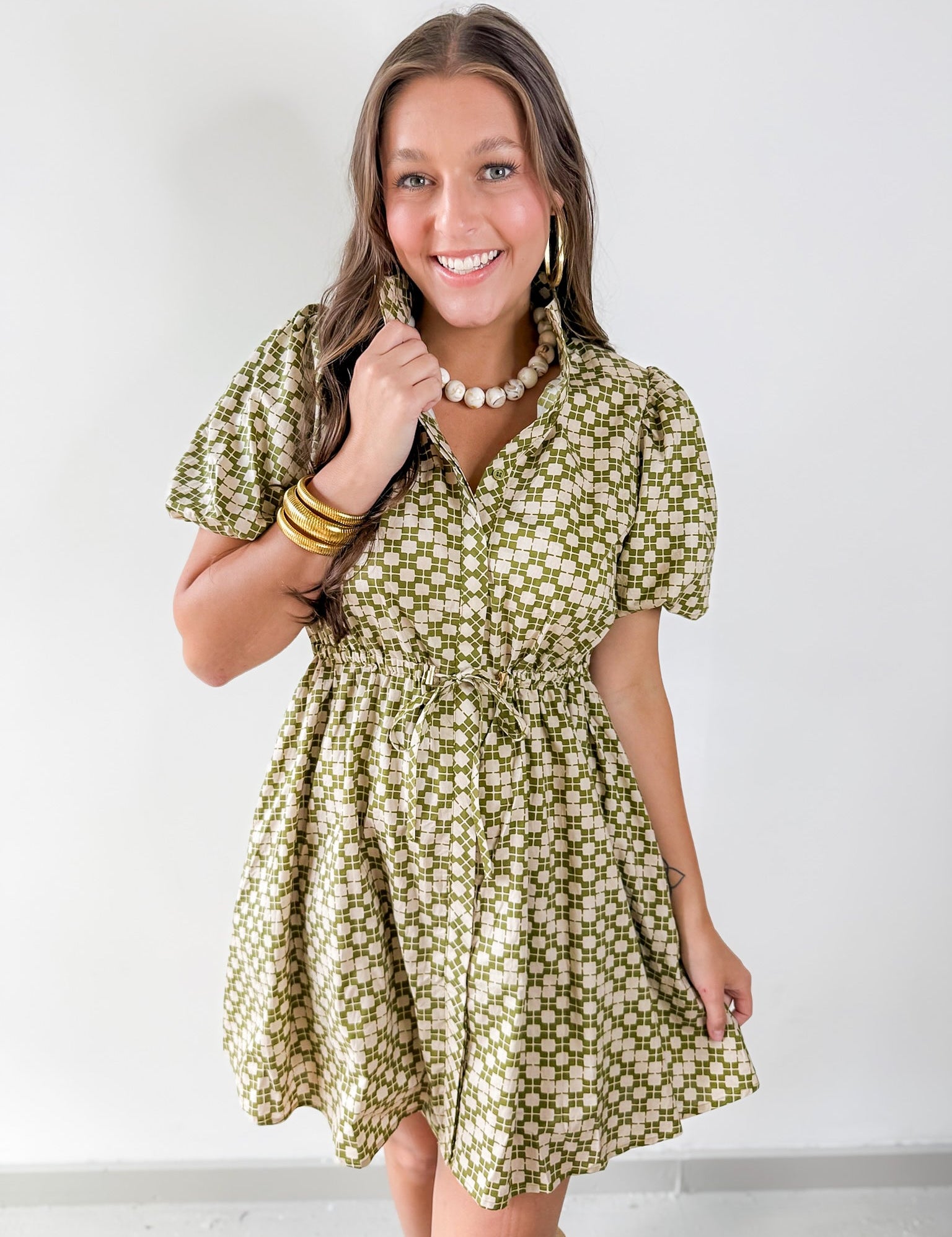Geometric Print Puff Sleeve Dress - Olive