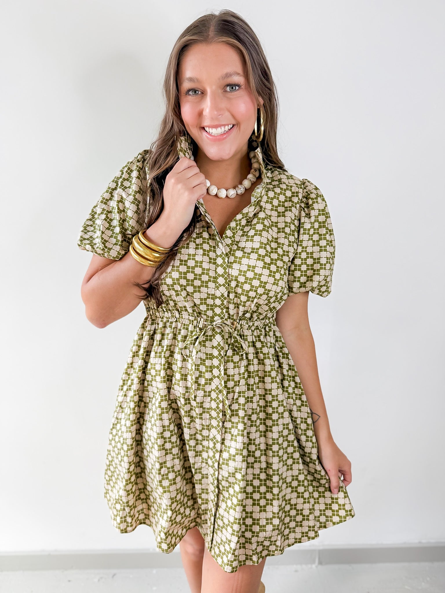 Geometric Print Puff Sleeve Dress - Olive