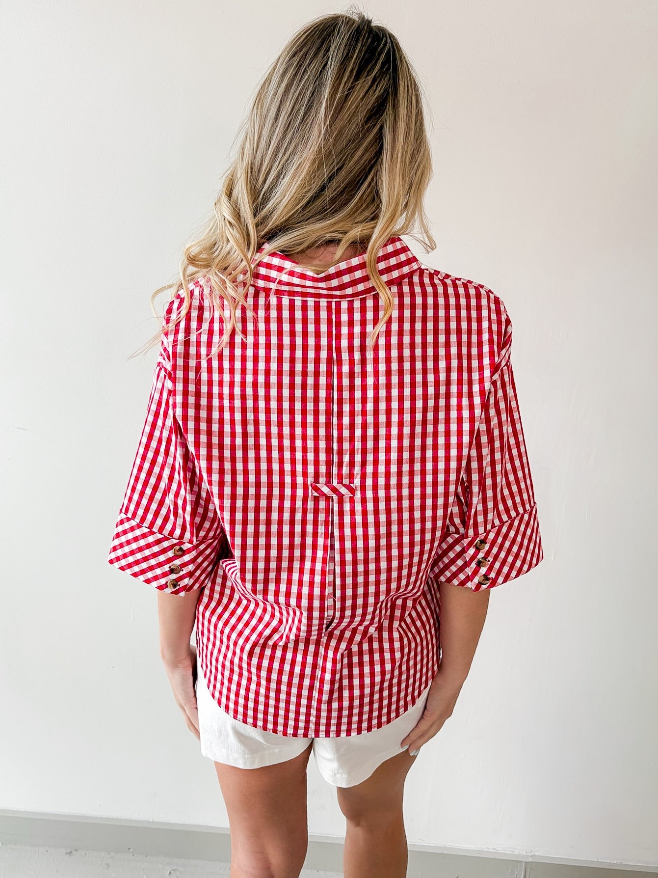 Gingham 3/4 Sleeve Top - Red