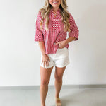 Gingham 3/4 Sleeve Top - Red