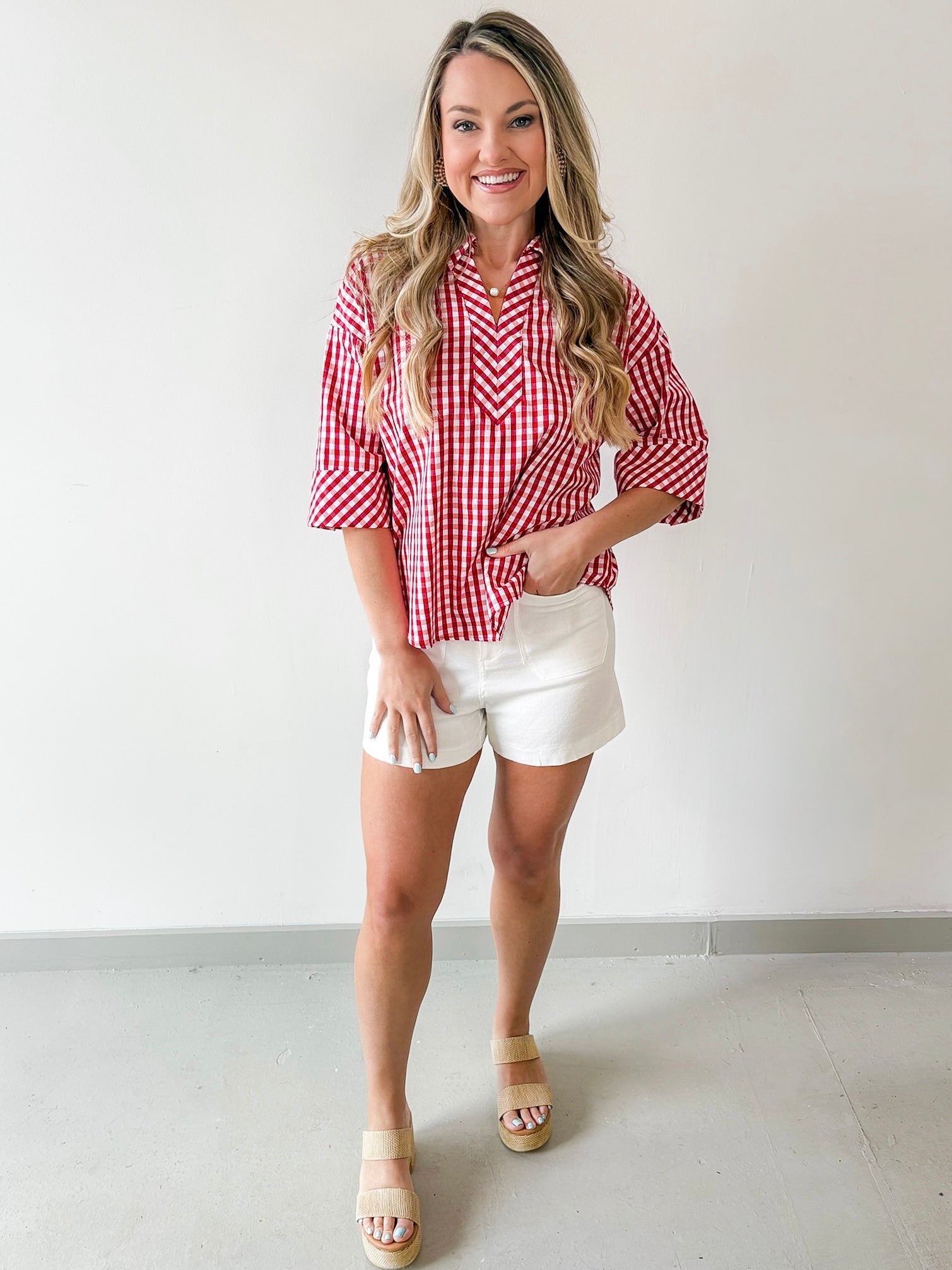 Gingham 3/4 Sleeve Top - Red