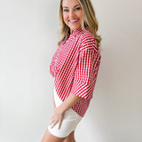Gingham 3/4 Sleeve Top - Red