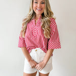 Gingham 3/4 Sleeve Top - Red