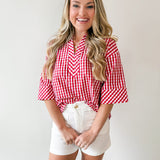 Gingham 3/4 Sleeve Top - Red