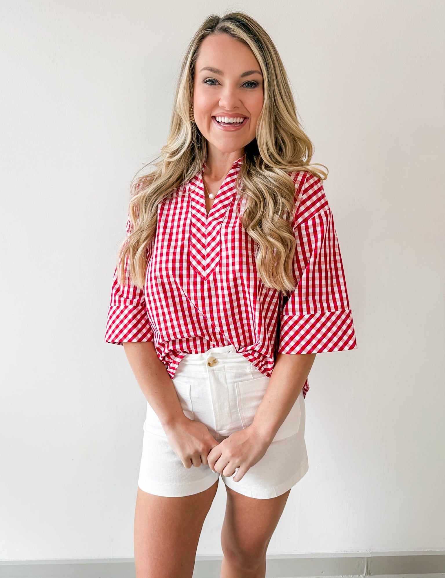 Gingham 3/4 Sleeve Top - Red