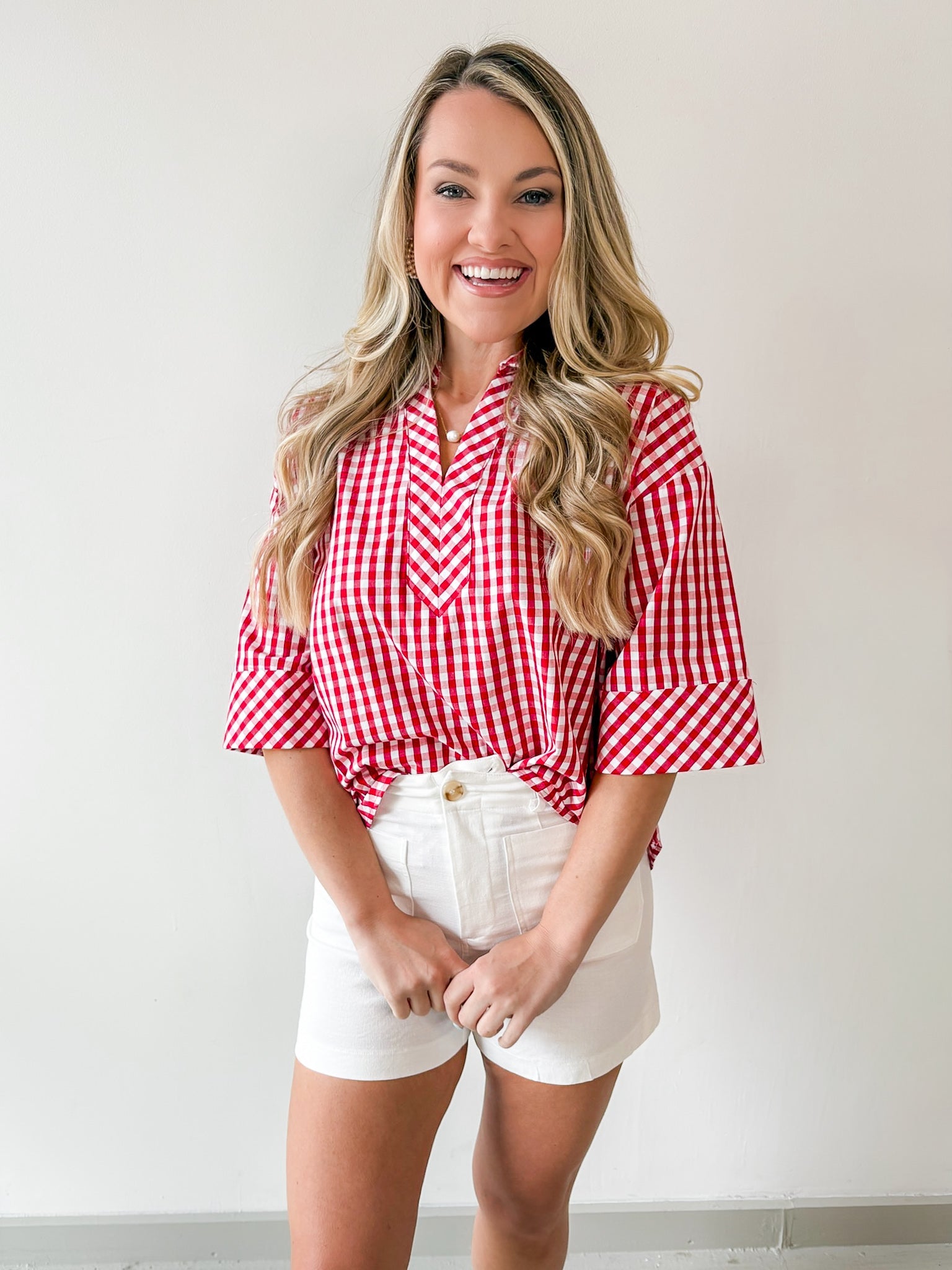 Gingham 3/4 Sleeve Top - Red
