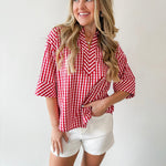 Gingham 3/4 Sleeve Top - Red