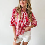 Gingham 3/4 Sleeve Top - Red