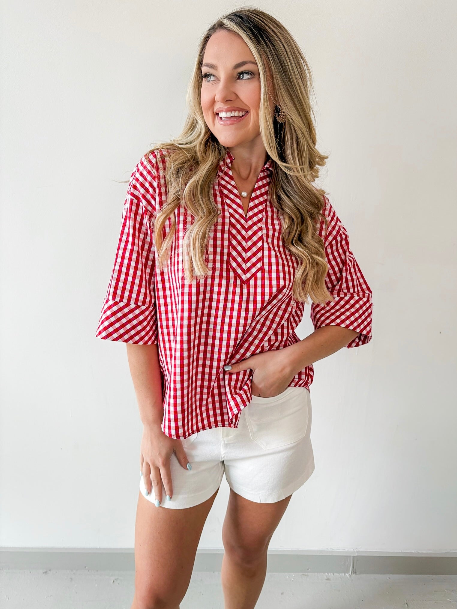 Gingham 3/4 Sleeve Top - Red