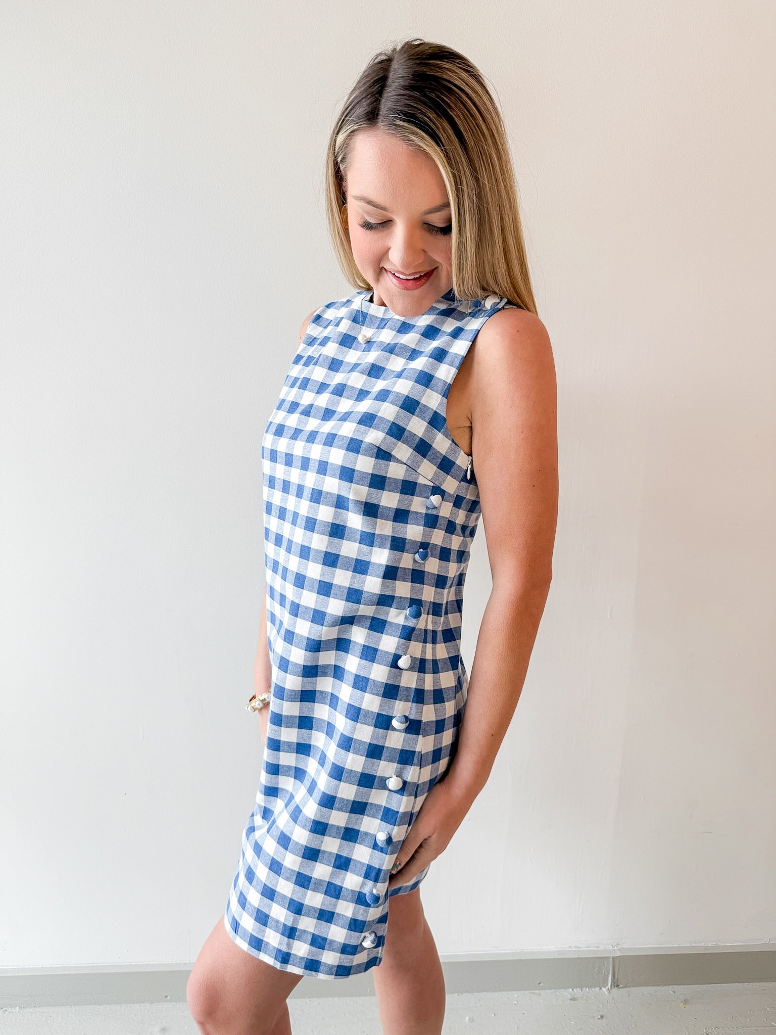 Gingham Mini Dress with Accent Buttons