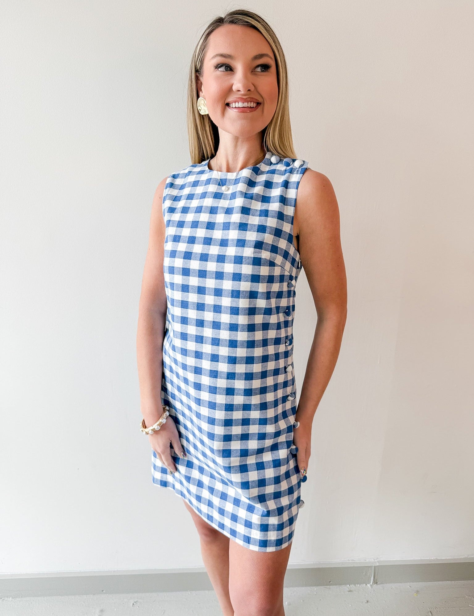 Gingham Mini Dress with Accent Buttons