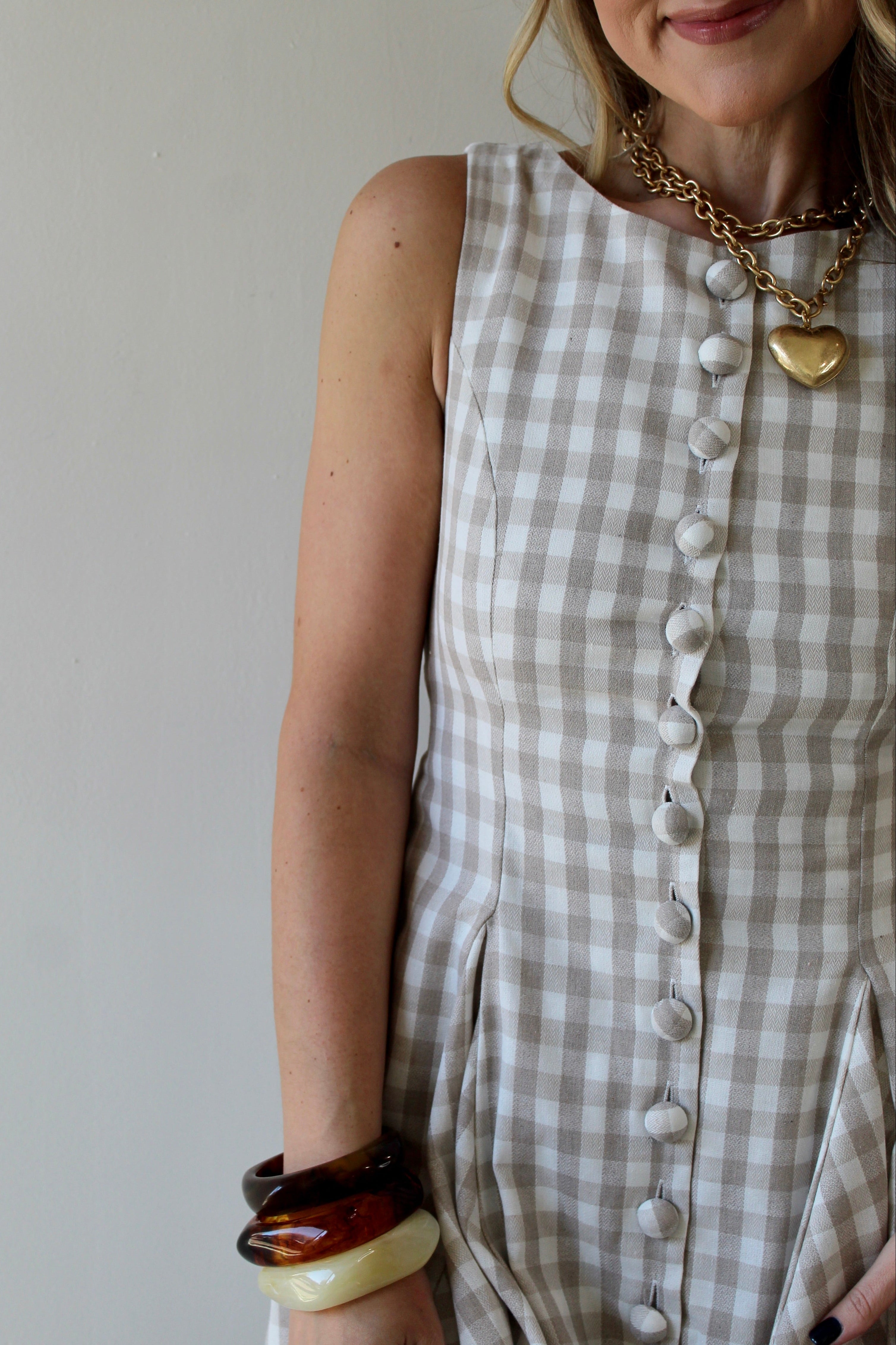 Gingham Mini Swing Dress - Beige