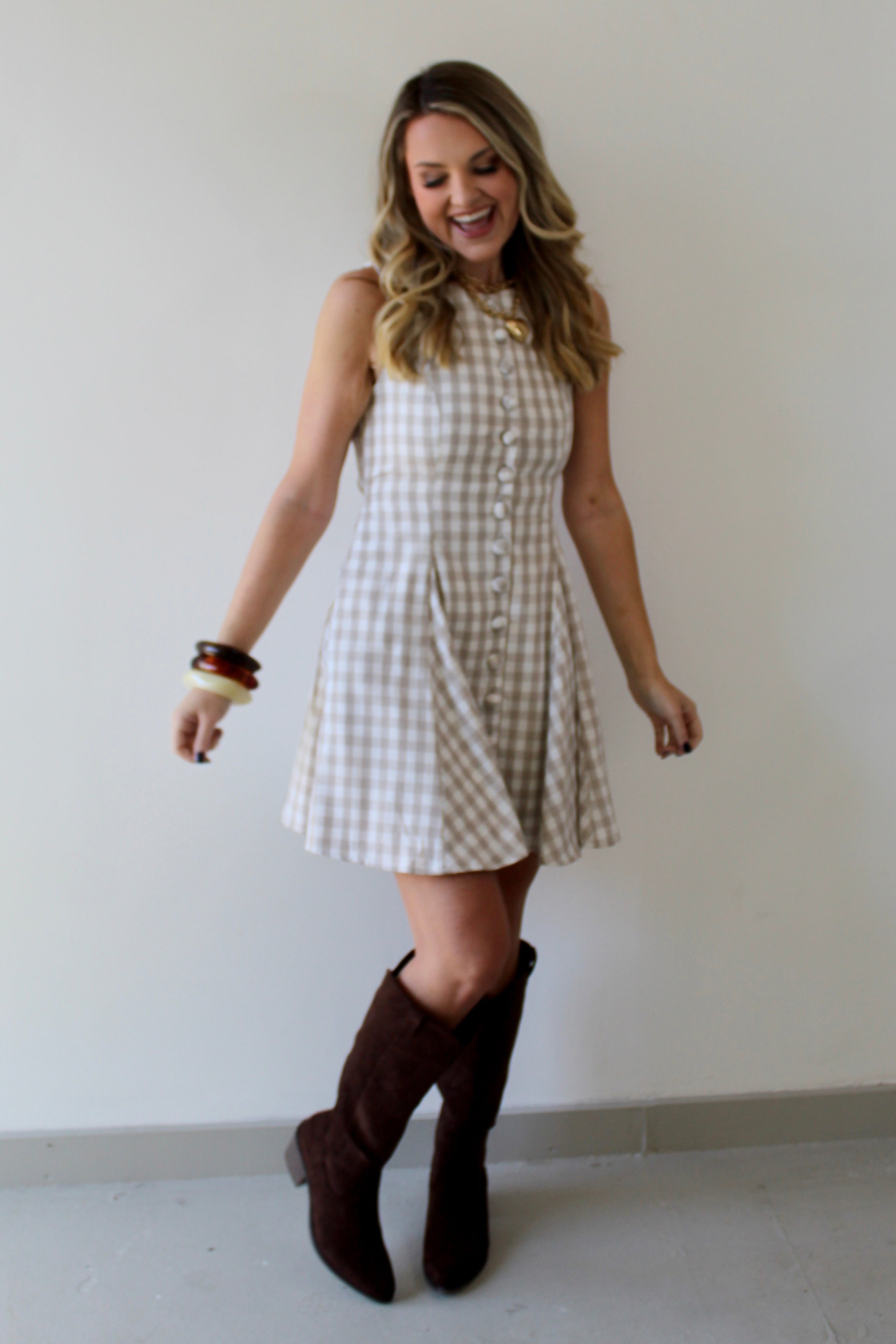 Gingham Mini Swing Dress - Beige