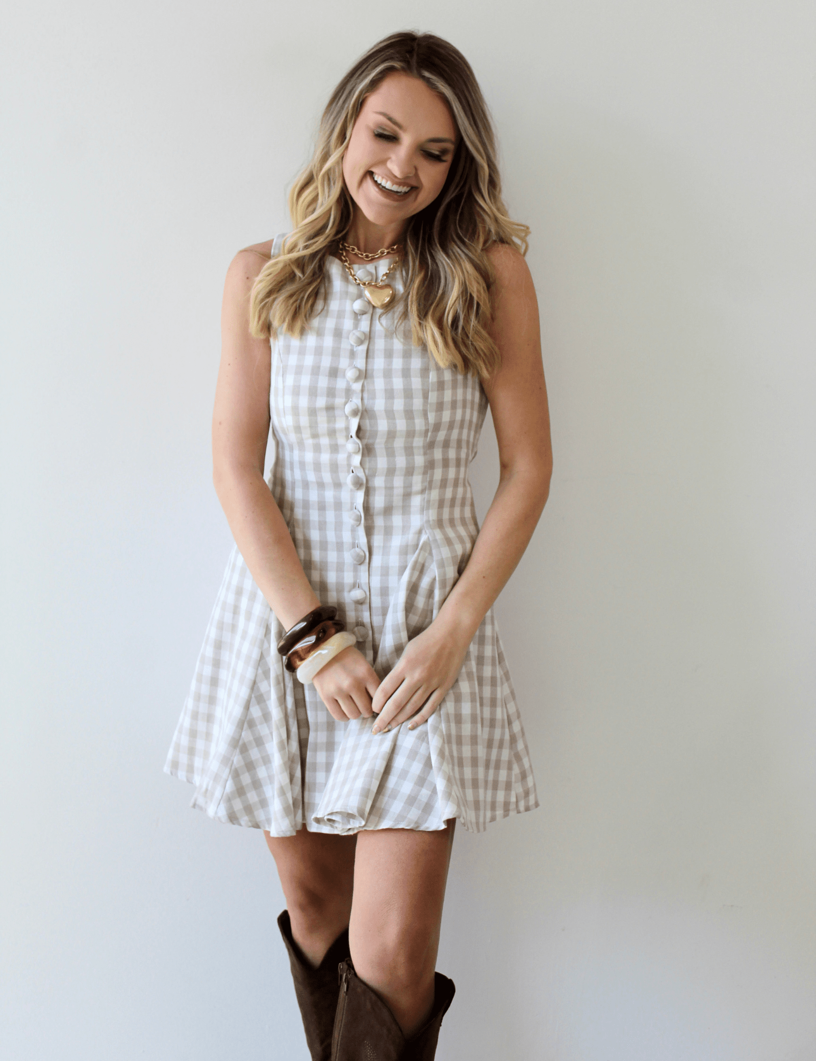 Gingham Mini Swing Dress - Beige