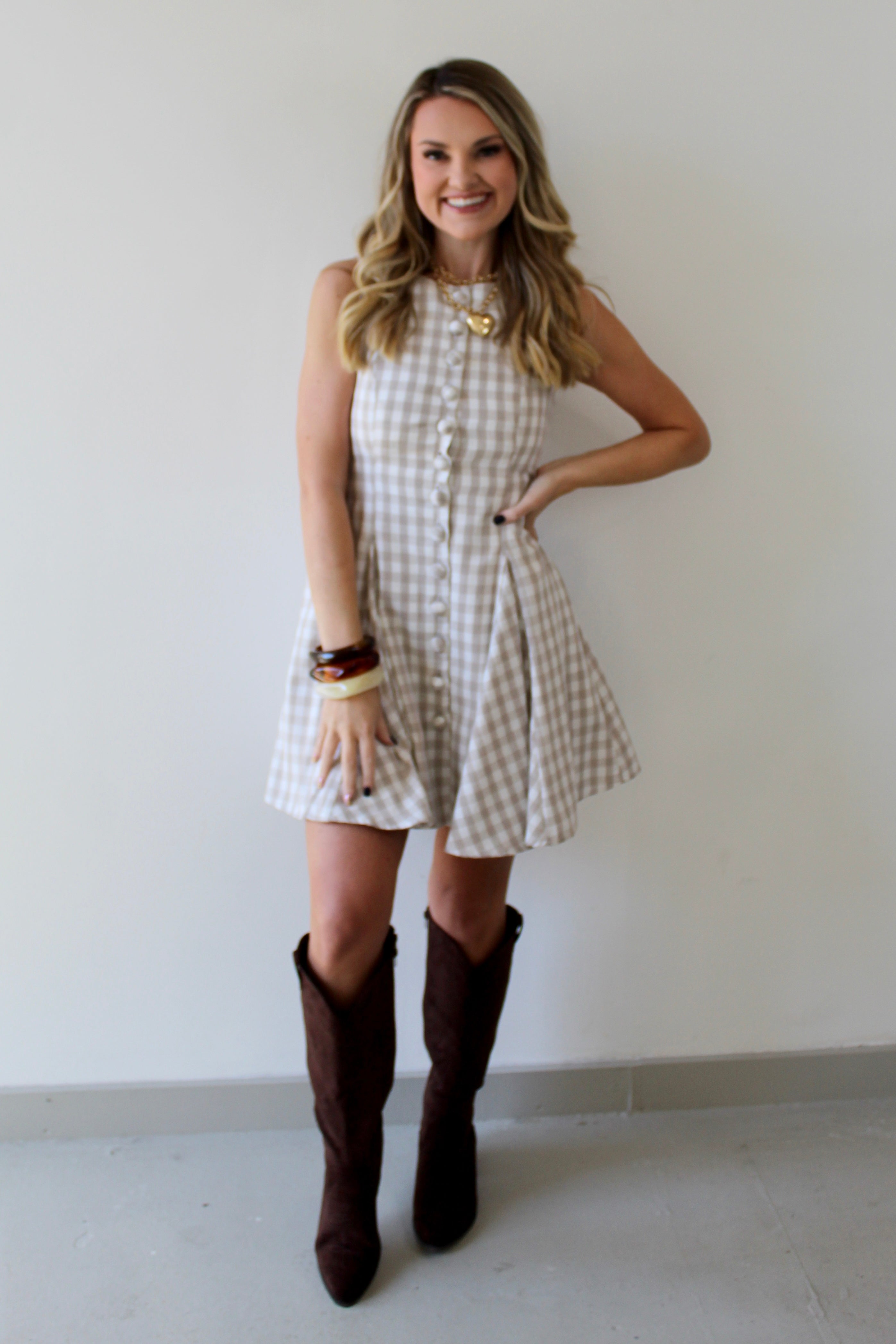 Gingham Mini Swing Dress - Beige