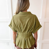 Gingham Pleated Waist Top - Matcha
