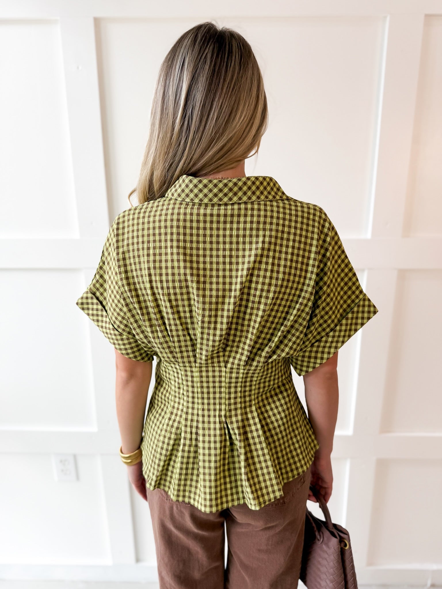 Gingham Pleated Waist Top - Matcha